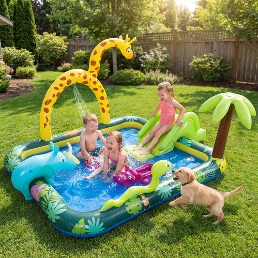 Inflatable Play Center Jungle Animal Spray Pool with Slide Giraffe