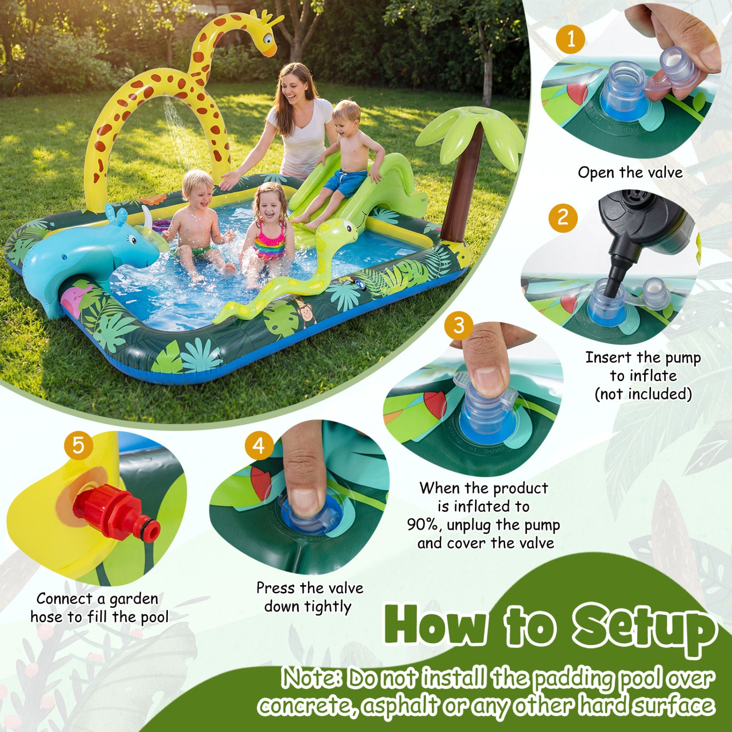 Inflatable Play Center Jungle Animal Spray Pool with Slide Giraffe