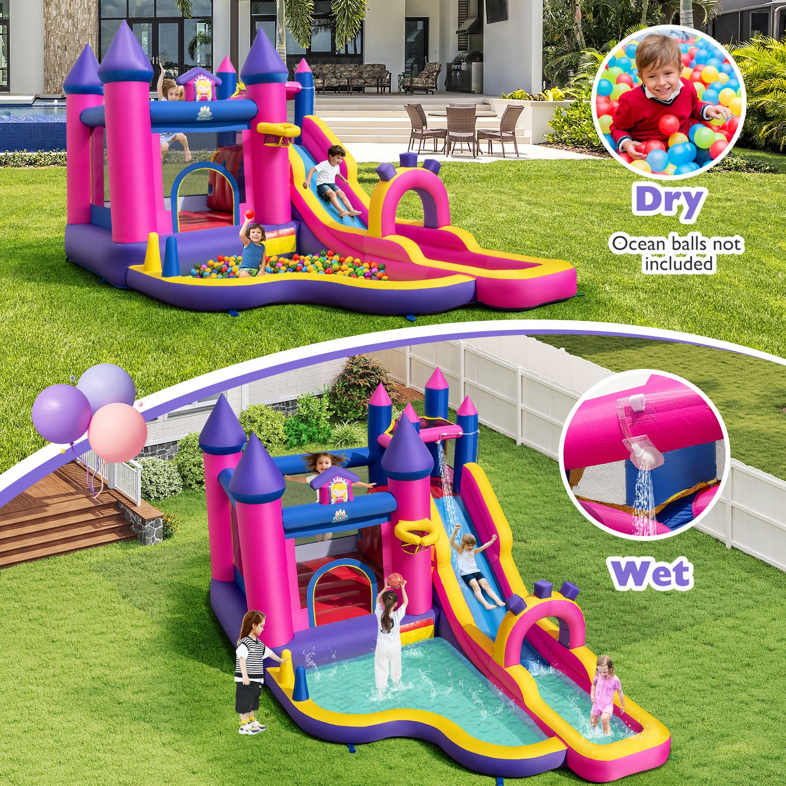 Inflatable Water Slide Princess Themed Bounce Castle with Climbing Wall 680W Blower Included