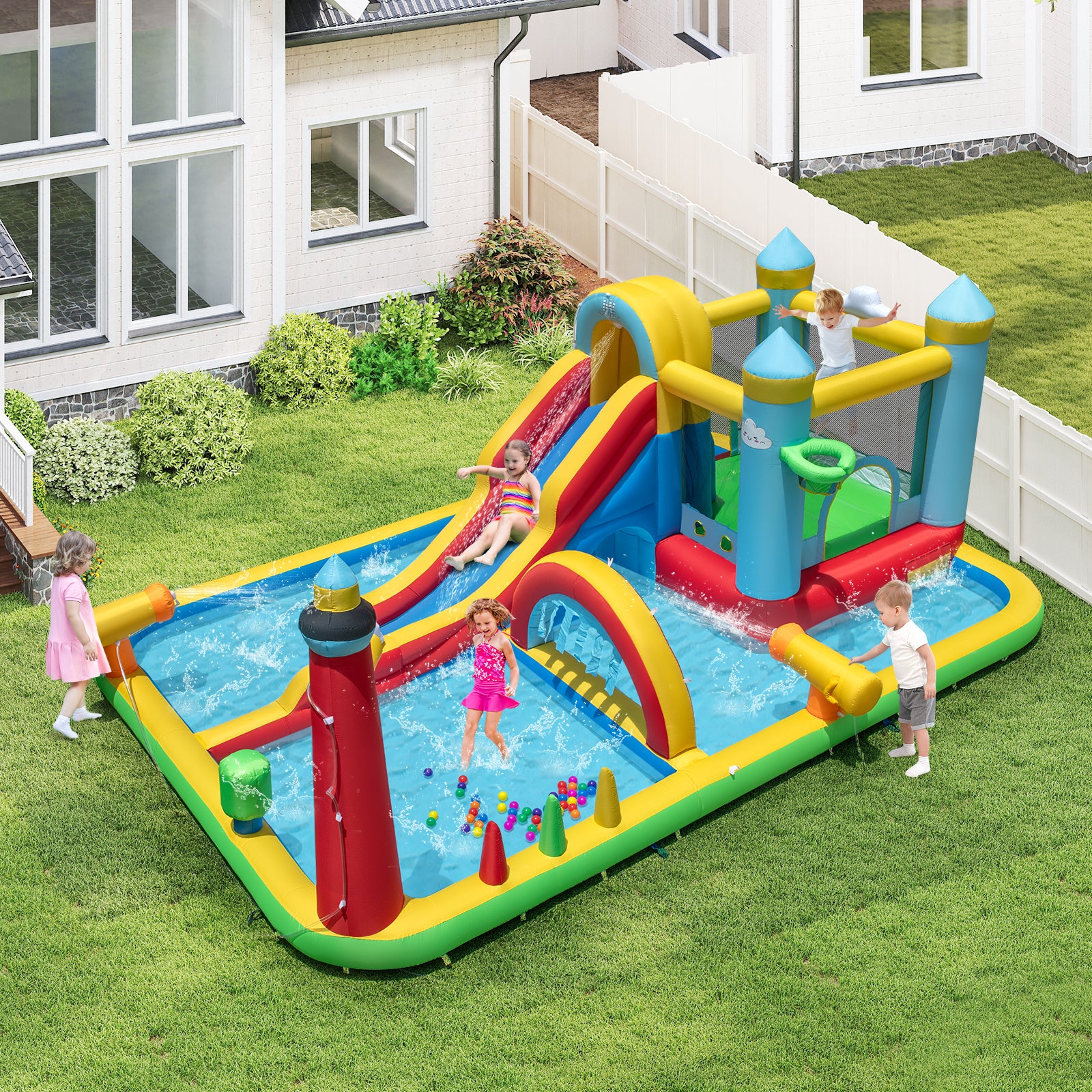 Inflatable Water Slide Giant Water Park with Long Slide 750W Blower