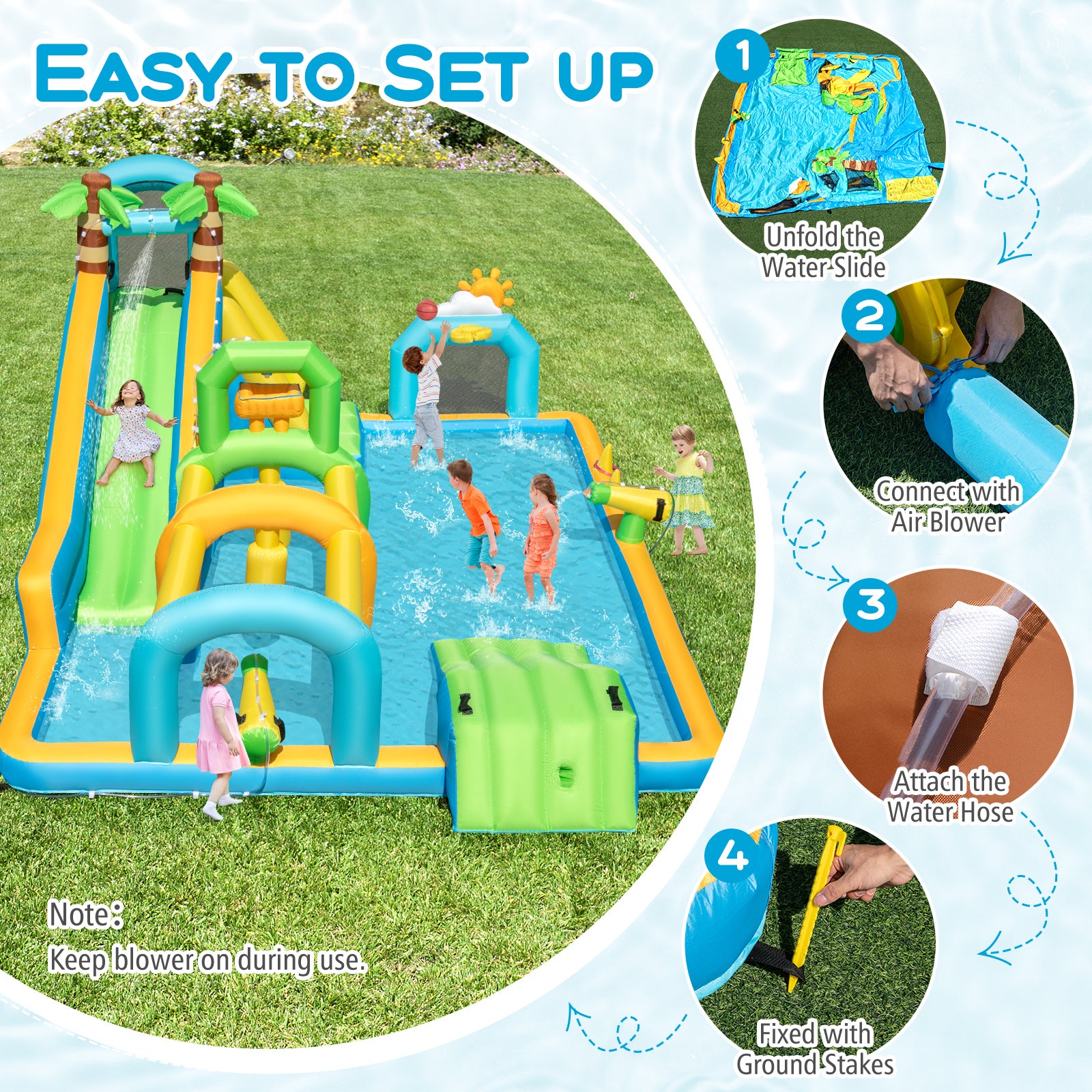 Inflatable Water Slide Tropical Theme Dual Slide Aqua Park with 750W Blower
