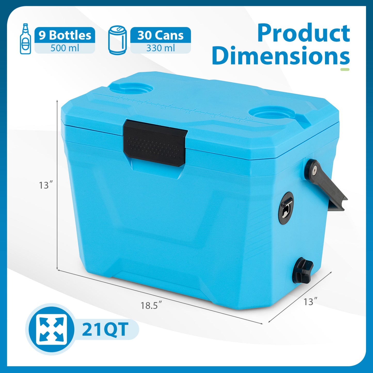 Insulated Portable Cooler Hard Shell Ice Chest with 2 Cup Holders-Blue