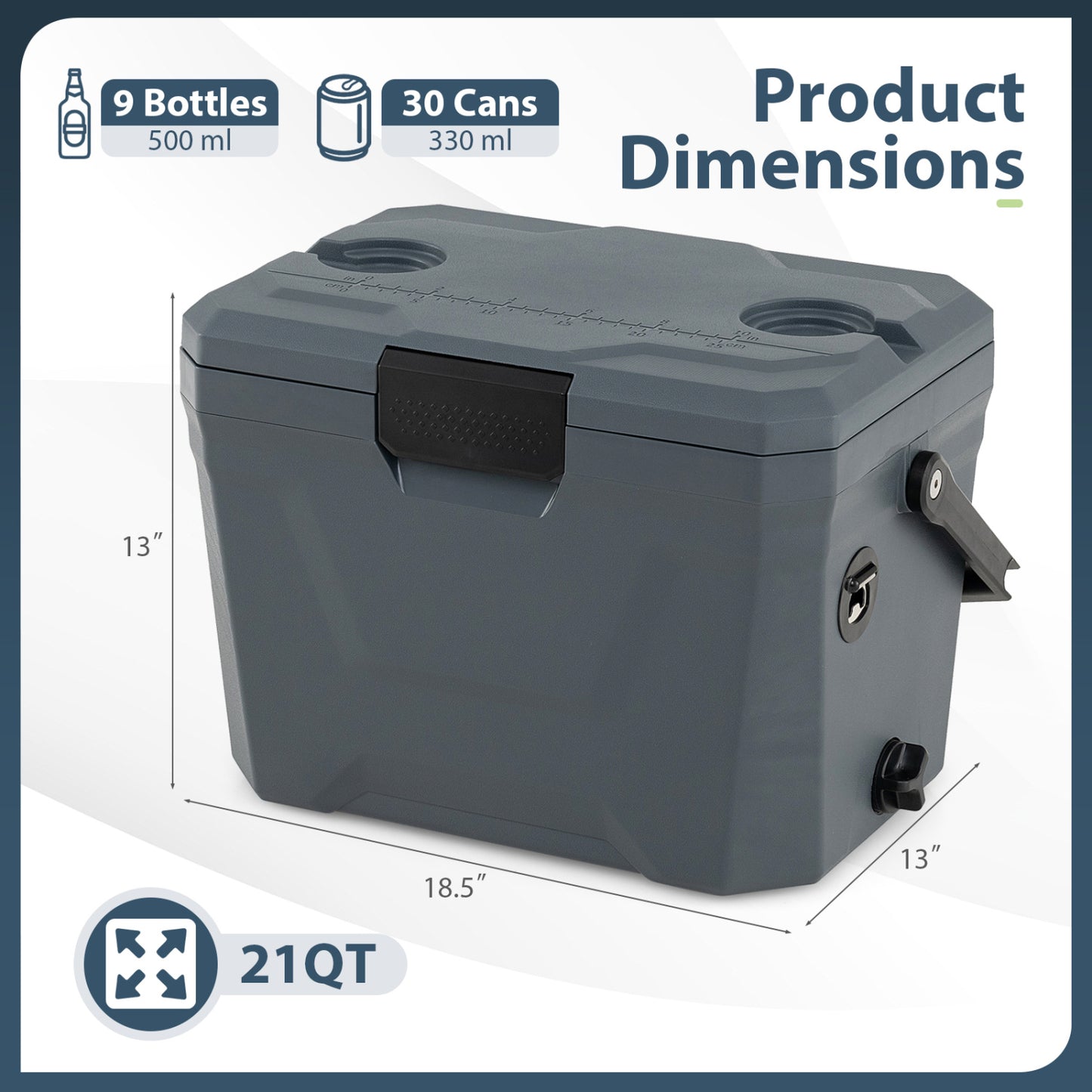 Insulated Portable Cooler Hard Shell Ice Chest with 2 Cup Holders-Gray