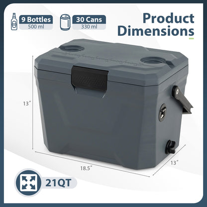 Insulated Portable Cooler Hard Shell Ice Chest with 2 Cup Holders-Gray