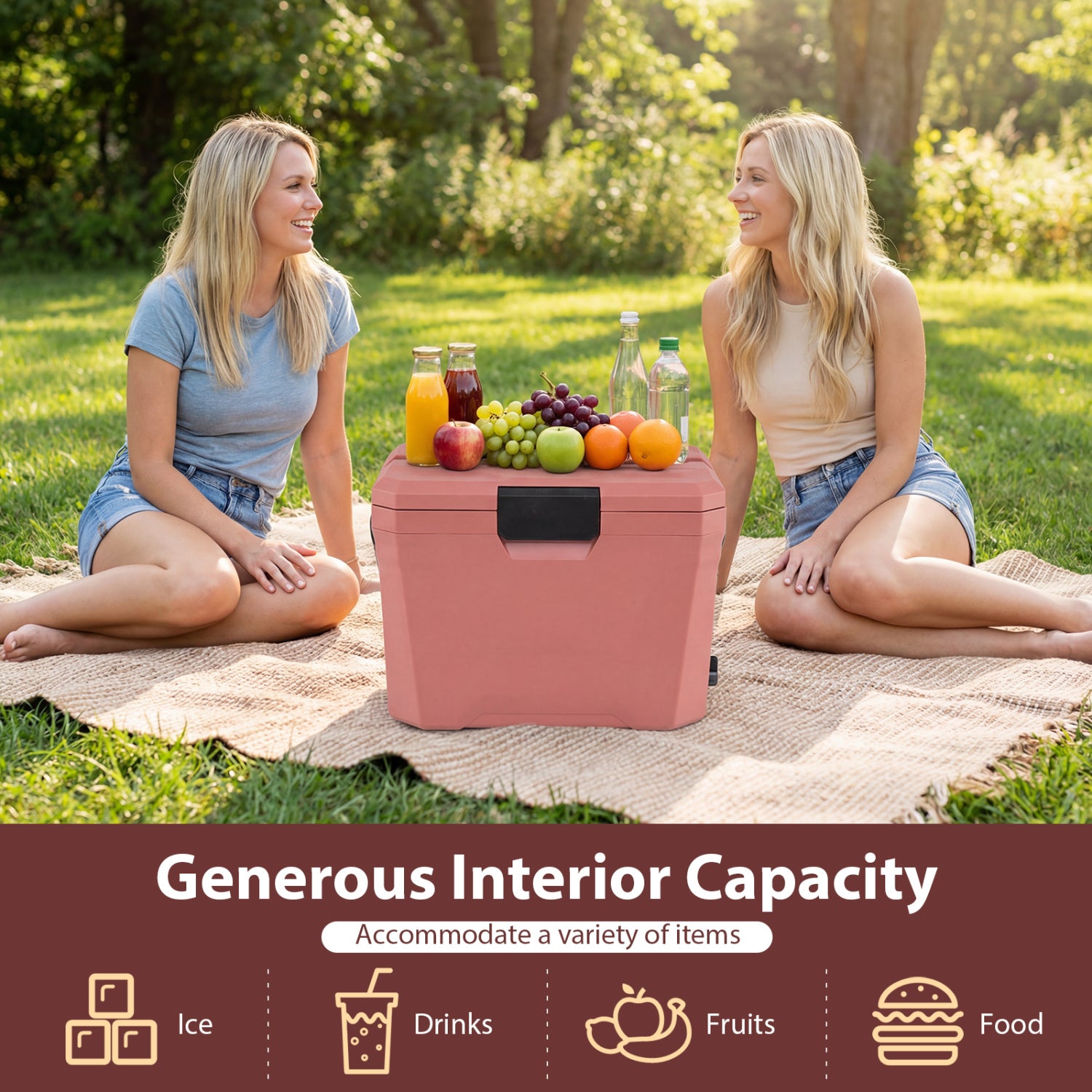 Insulated Portable Cooler Hard Shell Ice Chest with 2 Cup Holders-Pink
