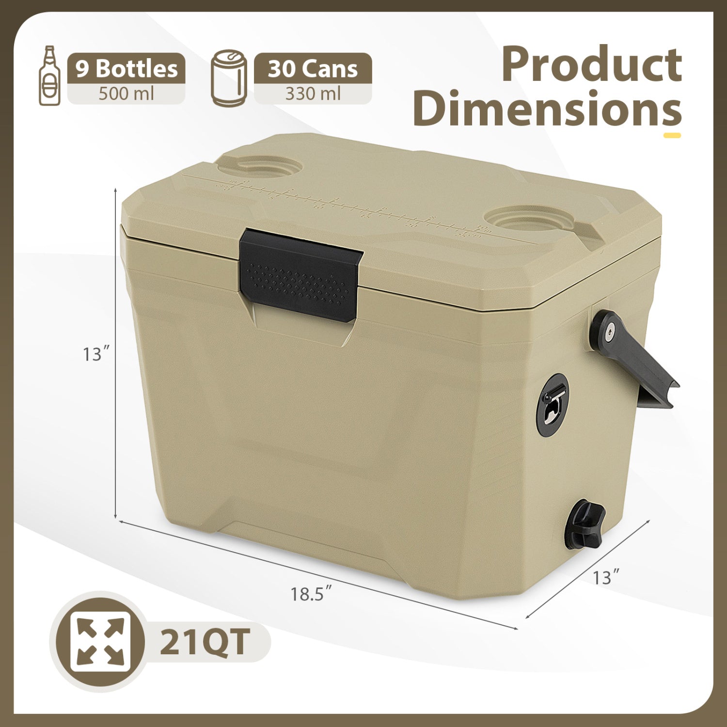 Insulated Portable Cooler Hard Shell Ice Chest with 2 Cup Holders-Sand Color
