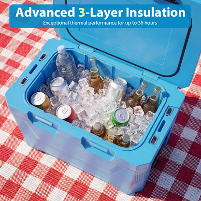 Insulated Portable Cooler Hard Shell Ice Chest with 2 Cup Holders Bottle Opener and Drain Plug-Blue