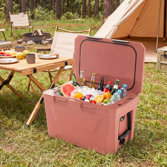 Insulated Portable Cooler Hard Shell Ice Chest with 2 Cup Holders Bottle Opener and Drain Plug-Pink