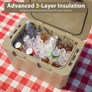 Insulated Portable Cooler Hard Shell Ice Chest with 2 Cup Holders Bottle Opener and Drain Plug-Sand Color