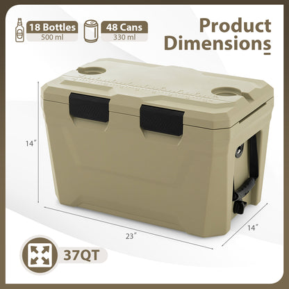 Insulated Portable Cooler Hard Shell Ice Chest with 2 Cup Holders Bottle Opener and Drain Plug-Sand Color