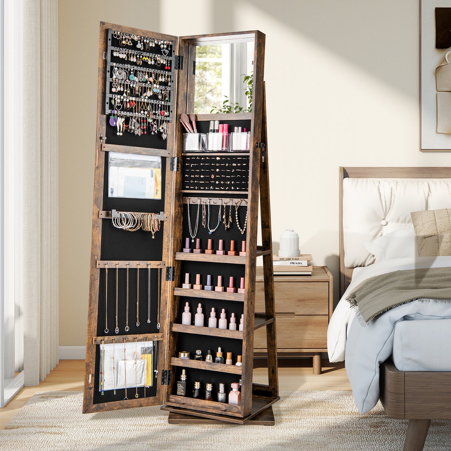 360¬∞ Swivel Jewelry Armoire Standing Jewelry Organizer with Full Length Mirror and Back Shelves-Rustic Brown