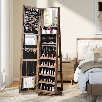 360¬∞ Swivel Jewelry Armoire Standing Jewelry Organizer with Full Length Mirror and Back Shelves-Rustic Brown