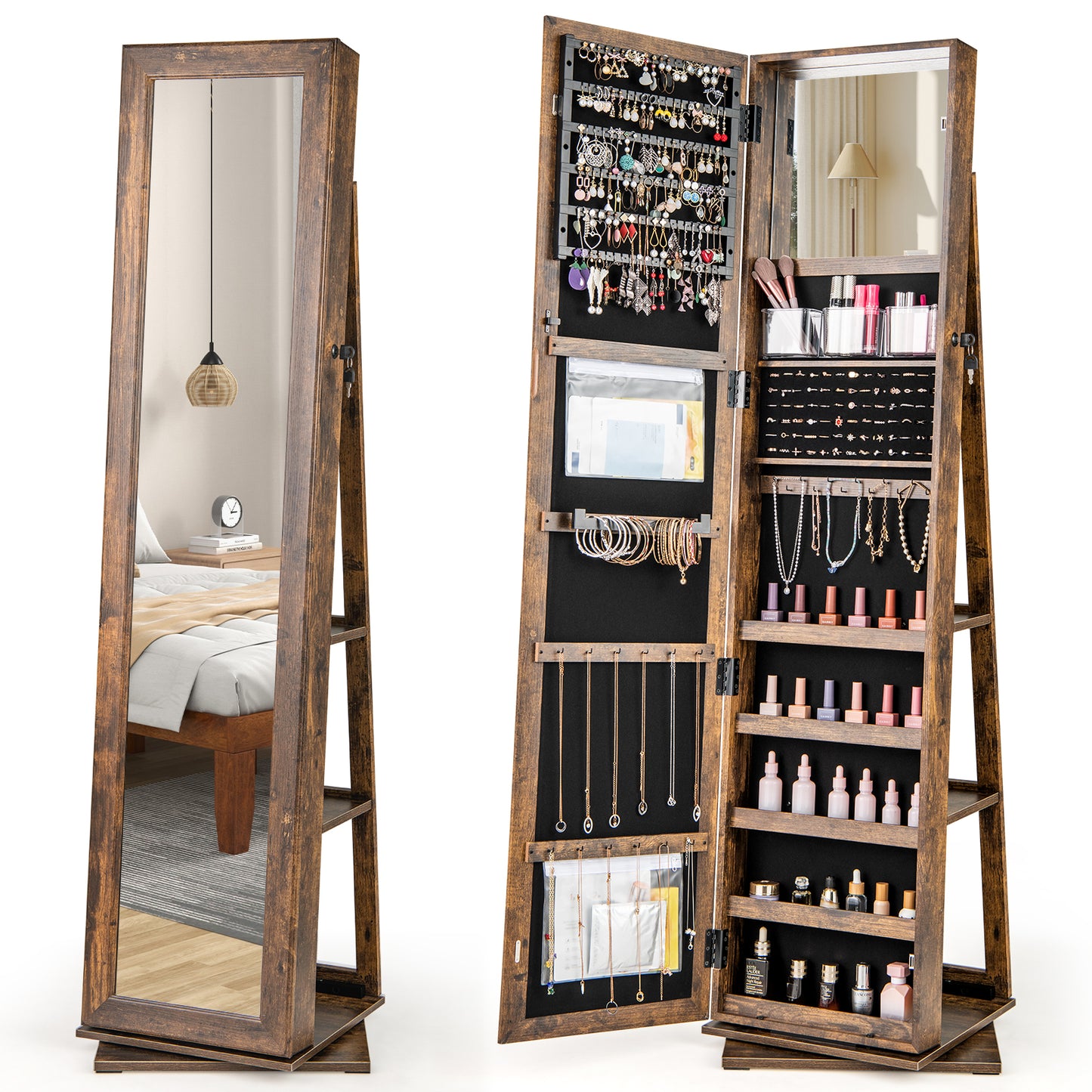360¬∞ Swivel Jewelry Armoire Standing Jewelry Organizer with Full Length Mirror and Back Shelves-Rustic Brown