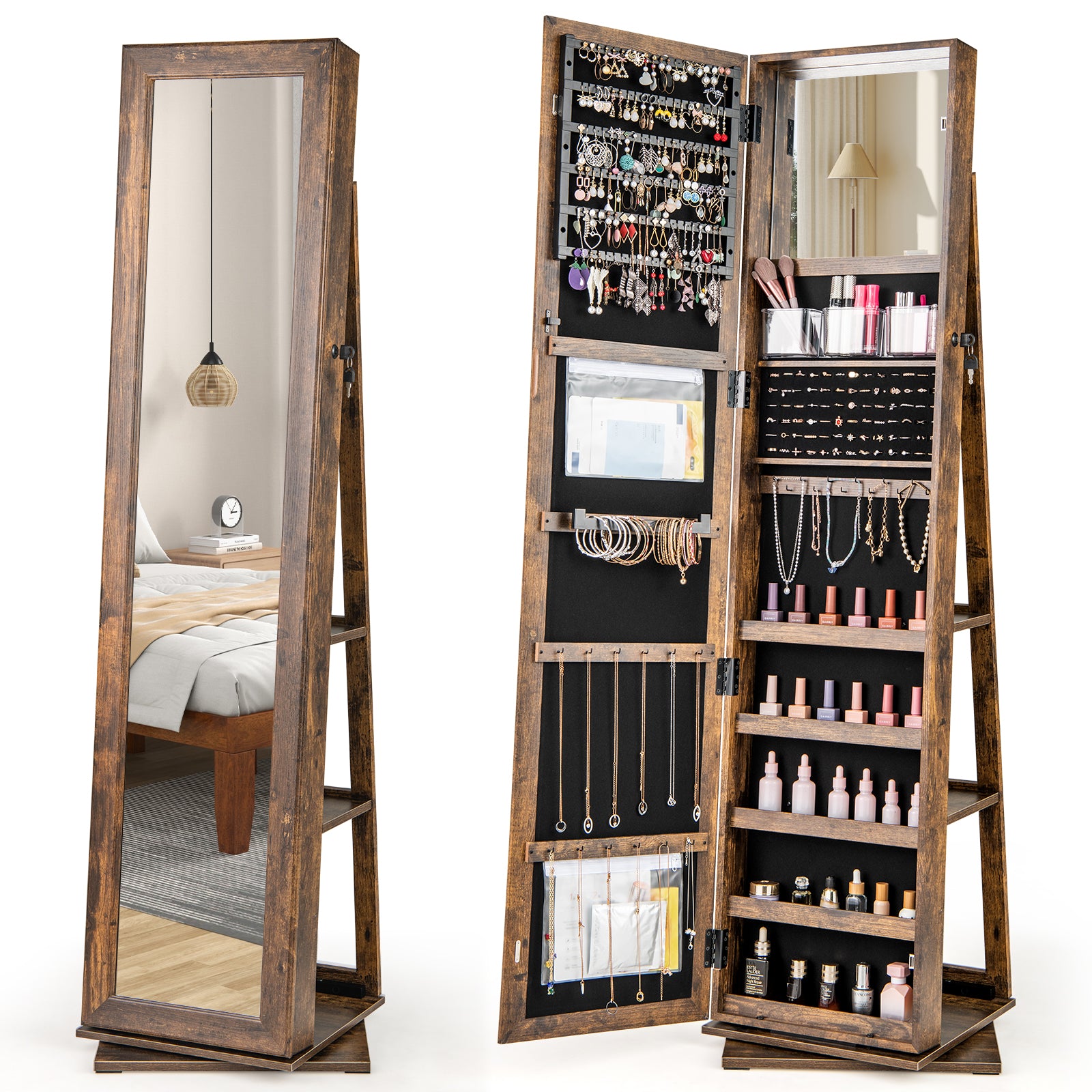 360¬∞ Swivel Jewelry Armoire Standing Jewelry Organizer with Full Length Mirror and Back Shelves-Rustic Brown
