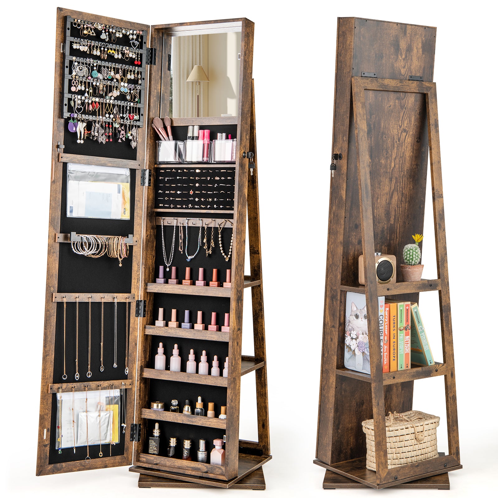 360¬∞ Swivel Jewelry Armoire Standing Jewelry Organizer with Full Length Mirror and Back Shelves-Rustic Brown