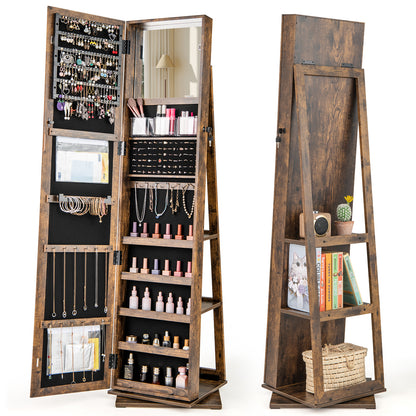 360¬∞ Swivel Jewelry Armoire Standing Jewelry Organizer with Full Length Mirror and Back Shelves-Rustic Brown