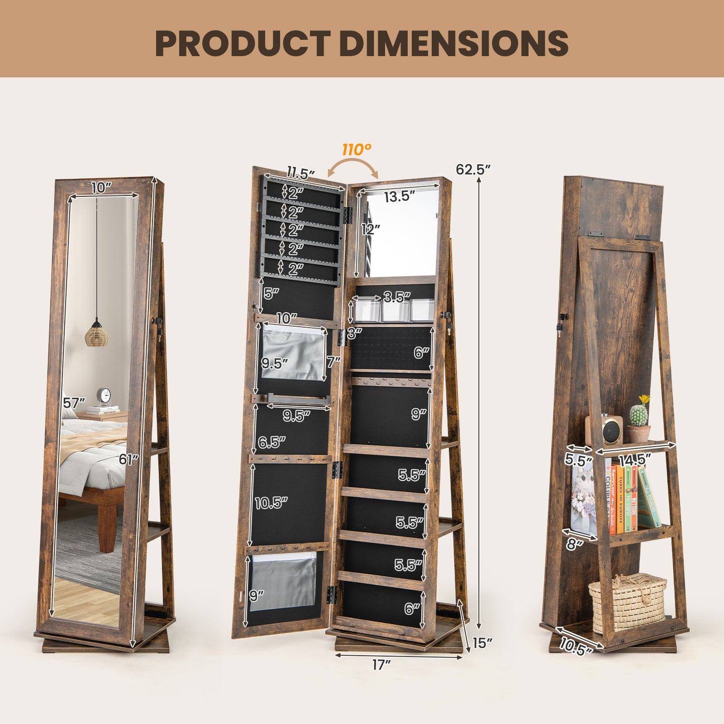 360¬∞ Swivel Jewelry Armoire Standing Jewelry Organizer with Full Length Mirror and Back Shelves-Rustic Brown