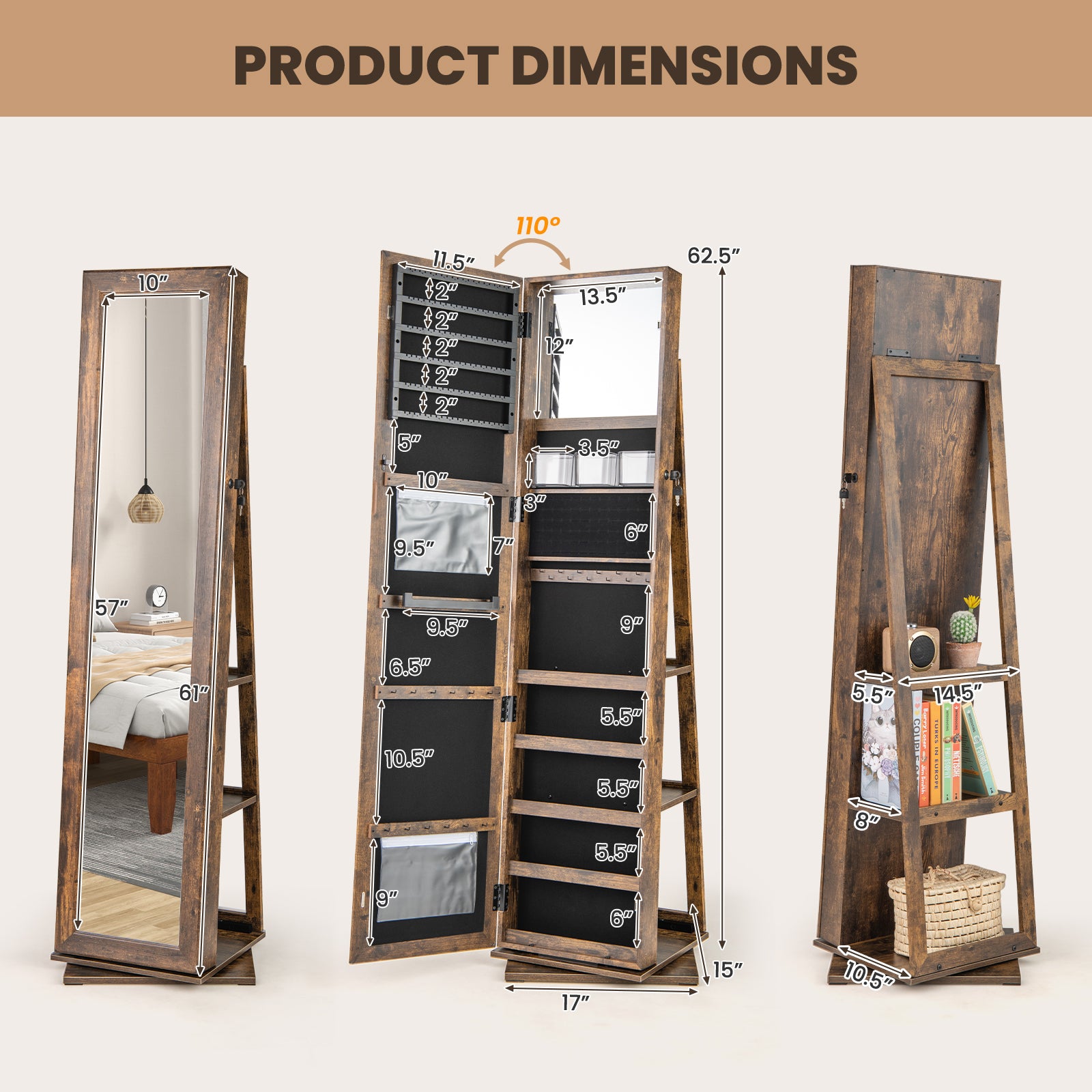 360¬∞ Swivel Jewelry Armoire Standing Jewelry Organizer with Full Length Mirror and Back Shelves-Rustic Brown