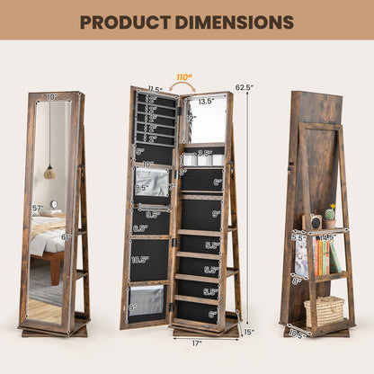 360¬∞ Swivel Jewelry Armoire Standing Jewelry Organizer with Full Length Mirror and Back Shelves-Rustic Brown