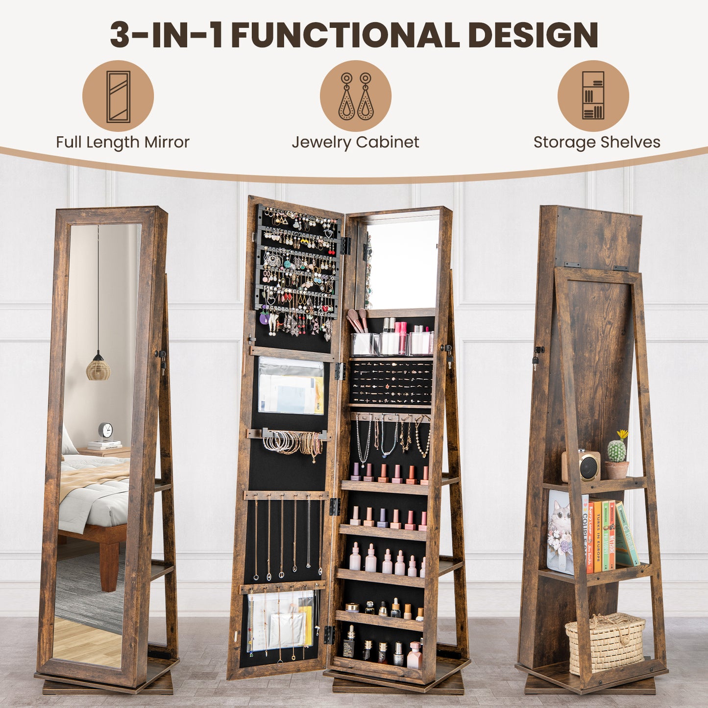 360¬∞ Swivel Jewelry Armoire Standing Jewelry Organizer with Full Length Mirror and Back Shelves-Rustic Brown