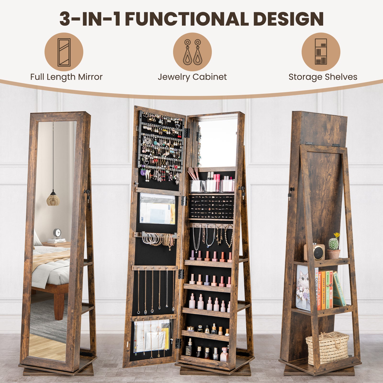 360¬∞ Swivel Jewelry Armoire Standing Jewelry Organizer with Full Length Mirror and Back Shelves-Rustic Brown