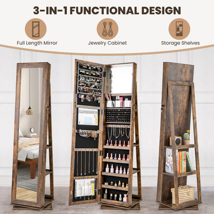 360¬∞ Swivel Jewelry Armoire Standing Jewelry Organizer with Full Length Mirror and Back Shelves-Rustic Brown
