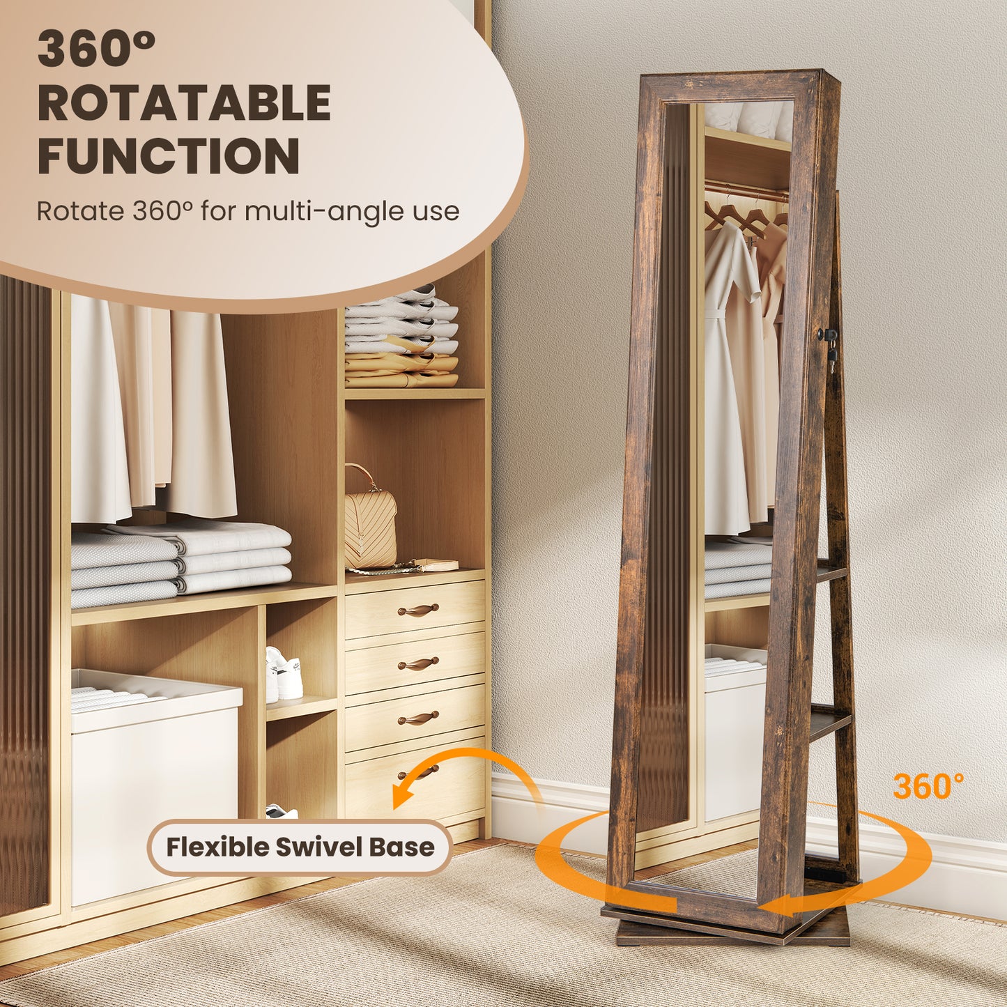 360¬∞ Swivel Jewelry Armoire Standing Jewelry Organizer with Full Length Mirror and Back Shelves-Rustic Brown