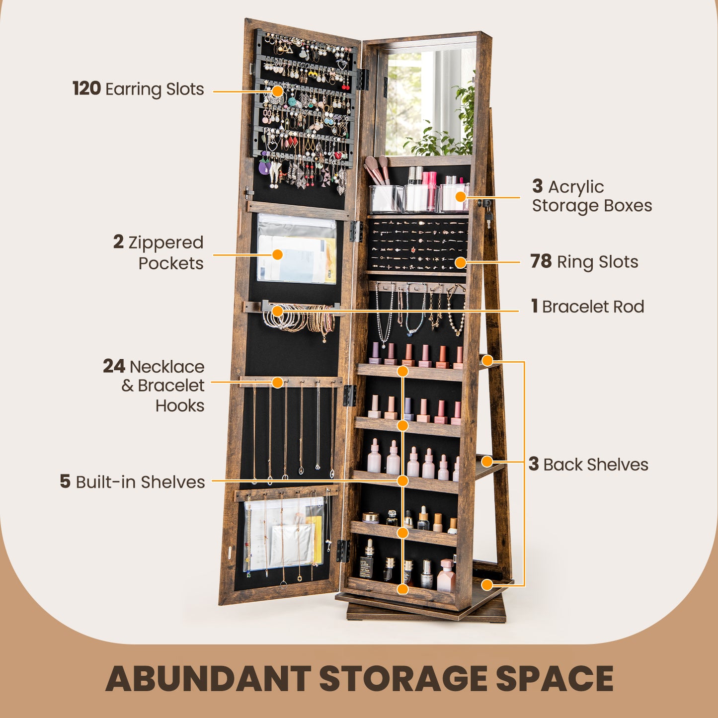 360¬∞ Swivel Jewelry Armoire Standing Jewelry Organizer with Full Length Mirror and Back Shelves-Rustic Brown