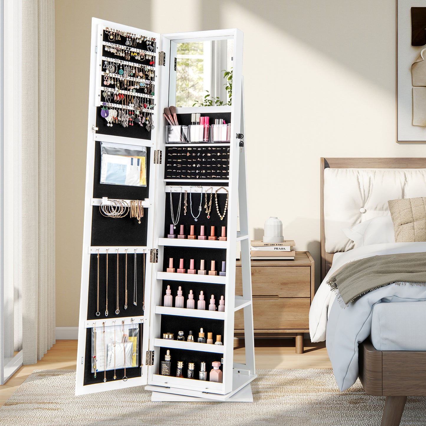 360¬∞ Swivel Jewelry Armoire Standing Jewelry Organizer with Full Length Mirror and Back Shelves-White