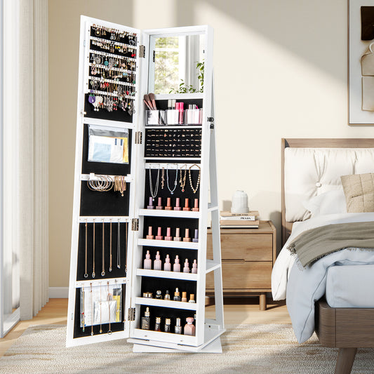 360¬∞ Swivel Jewelry Armoire Standing Jewelry Organizer with Full Length Mirror and Back Shelves-White