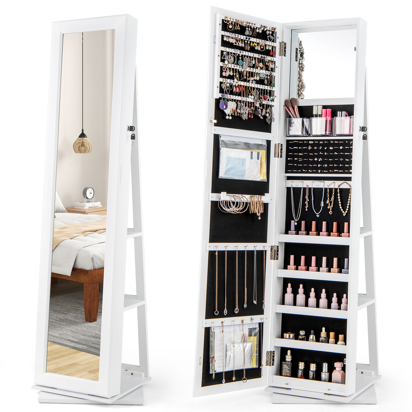 360¬∞ Swivel Jewelry Armoire Standing Jewelry Organizer with Full Length Mirror and Back Shelves-White