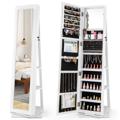 360¬∞ Swivel Jewelry Armoire Standing Jewelry Organizer with Full Length Mirror and Back Shelves-White