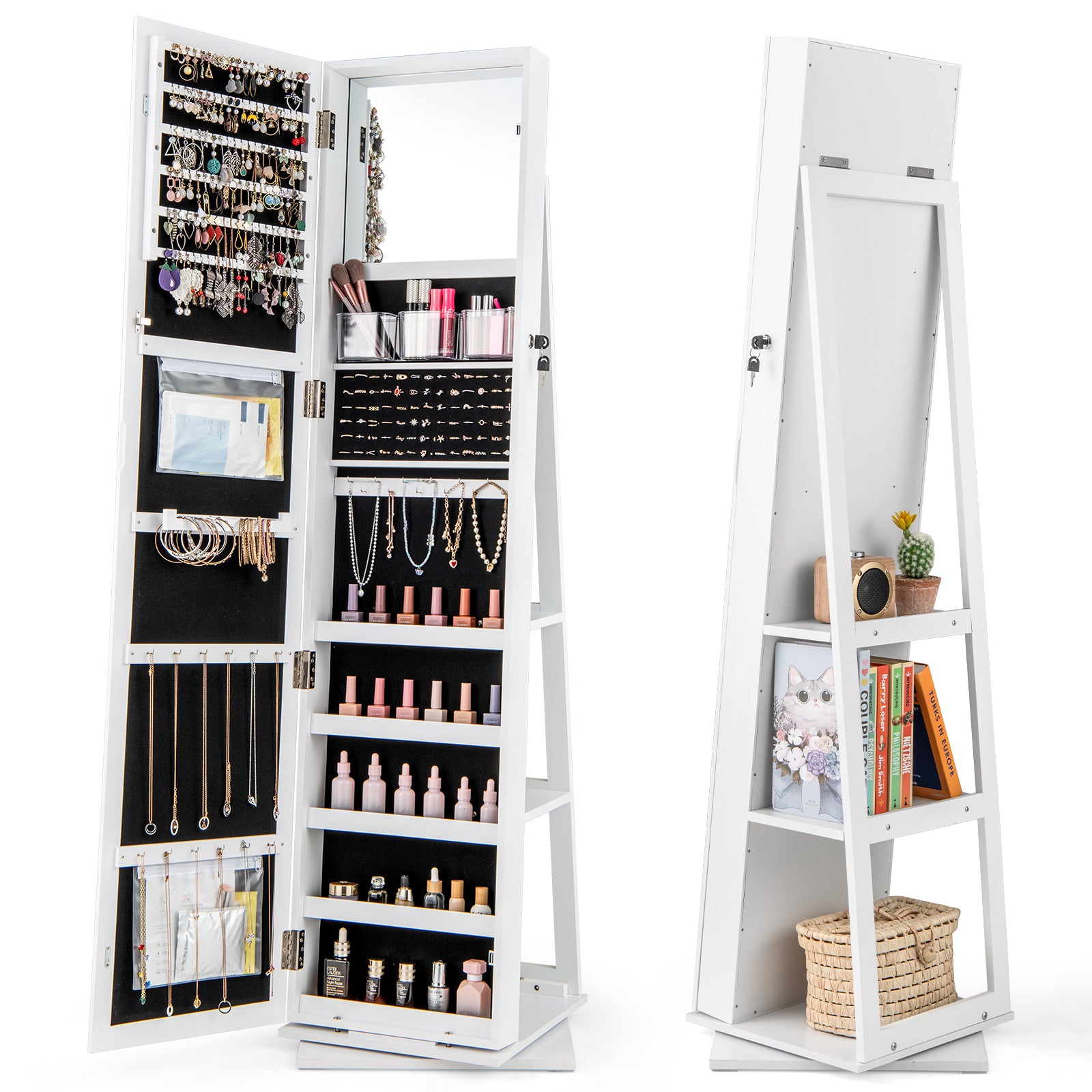 360¬∞ Swivel Jewelry Armoire Standing Jewelry Organizer with Full Length Mirror and Back Shelves-White