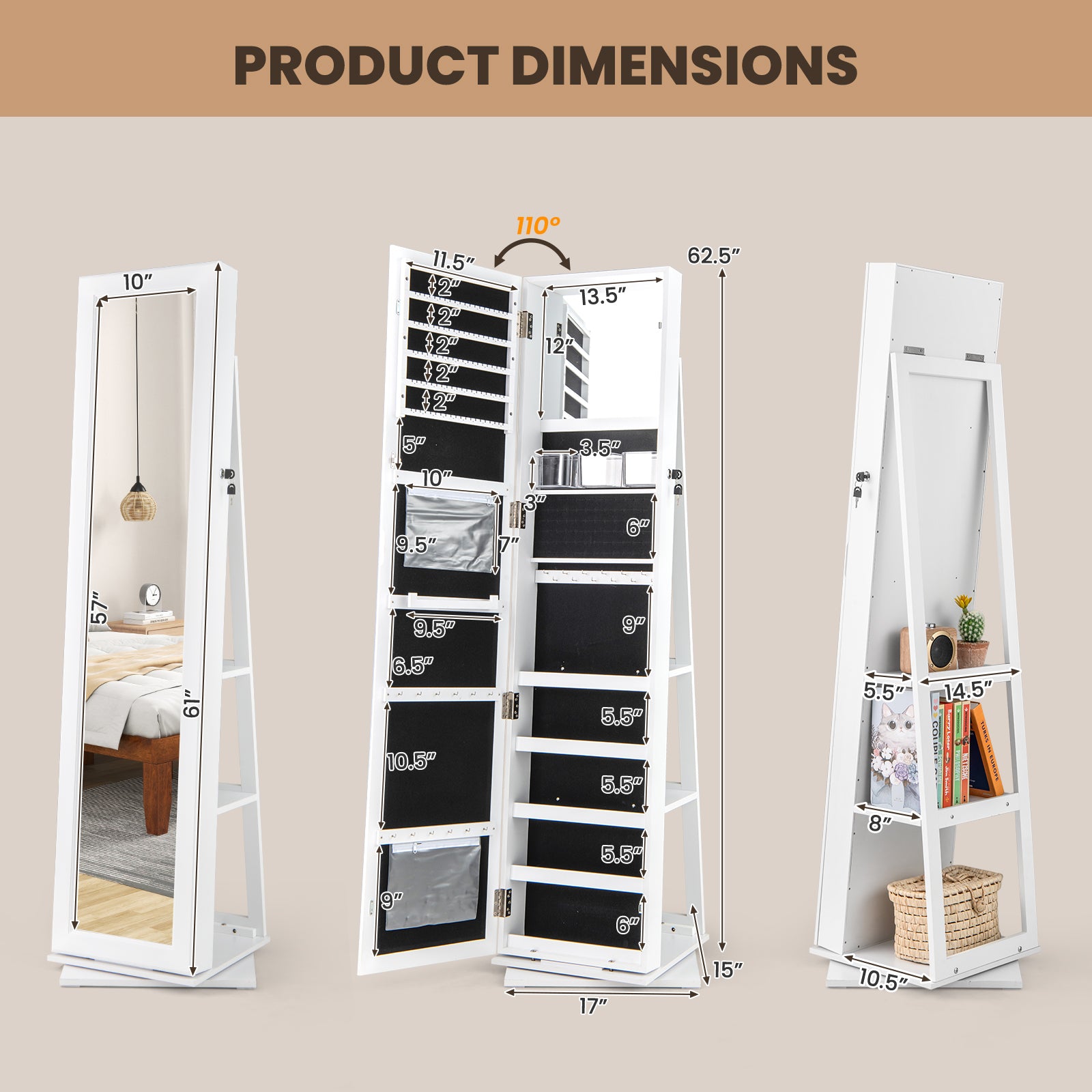 360¬∞ Swivel Jewelry Armoire Standing Jewelry Organizer with Full Length Mirror and Back Shelves-White