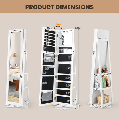 360¬∞ Swivel Jewelry Armoire Standing Jewelry Organizer with Full Length Mirror and Back Shelves-White