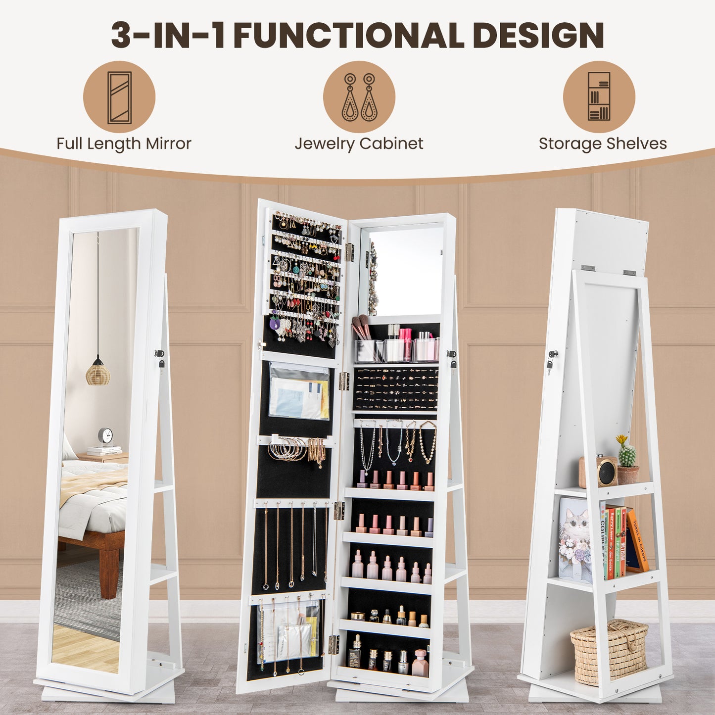 360¬∞ Swivel Jewelry Armoire Standing Jewelry Organizer with Full Length Mirror and Back Shelves-White