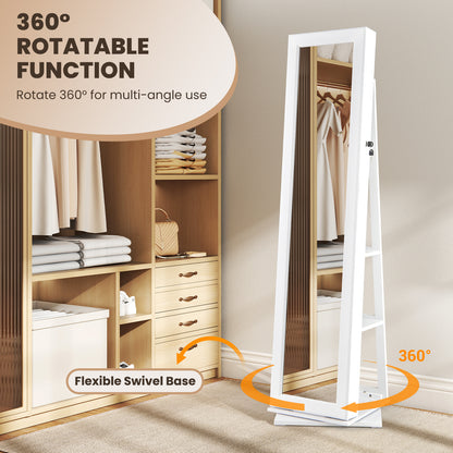 360¬∞ Swivel Jewelry Armoire Standing Jewelry Organizer with Full Length Mirror and Back Shelves-White