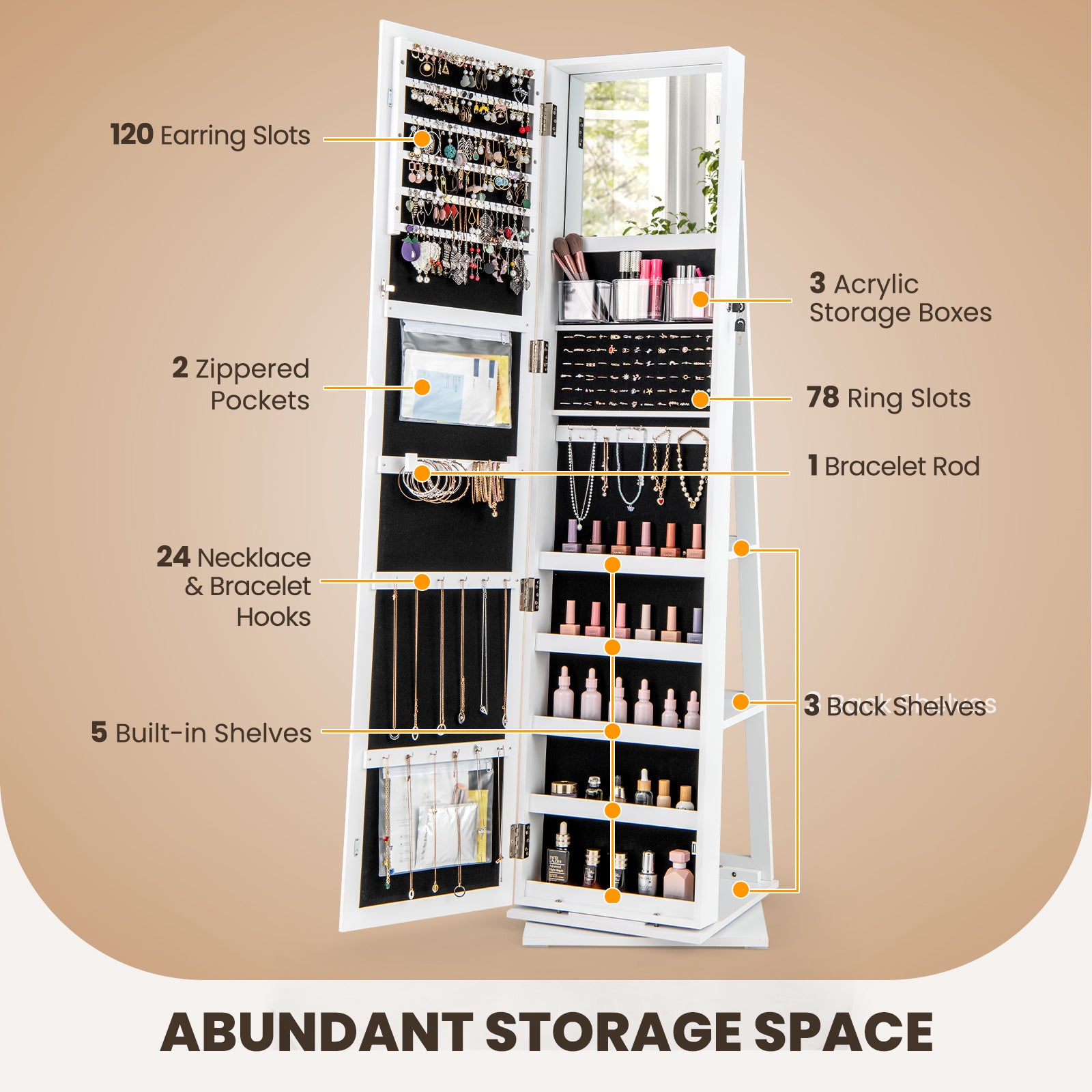 360¬∞ Swivel Jewelry Armoire Standing Jewelry Organizer with Full Length Mirror and Back Shelves-White