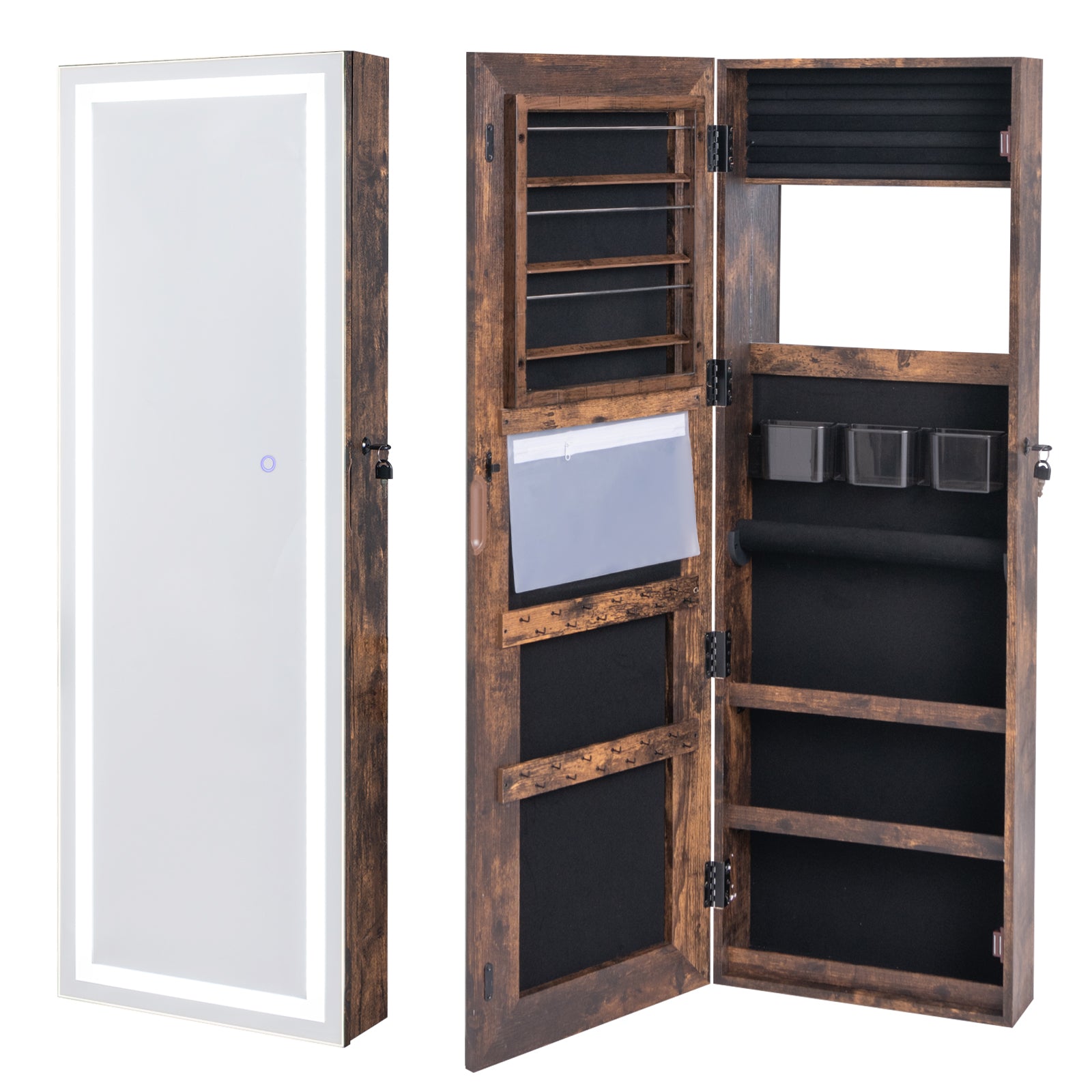 Mirrored Jewelry Armoire with Full Length Mirror and 2 Internal LED Lights-Rustic Brown - Rustic Brown