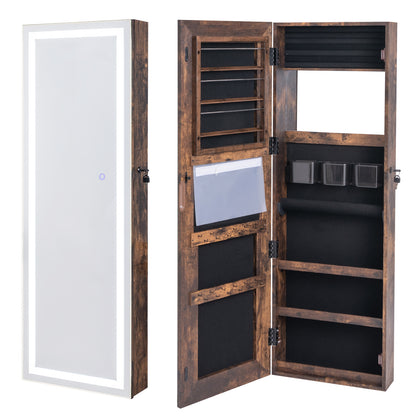 Mirrored Jewelry Armoire with Full Length Mirror and 2 Internal LED Lights-Rustic Brown - Rustic Brown