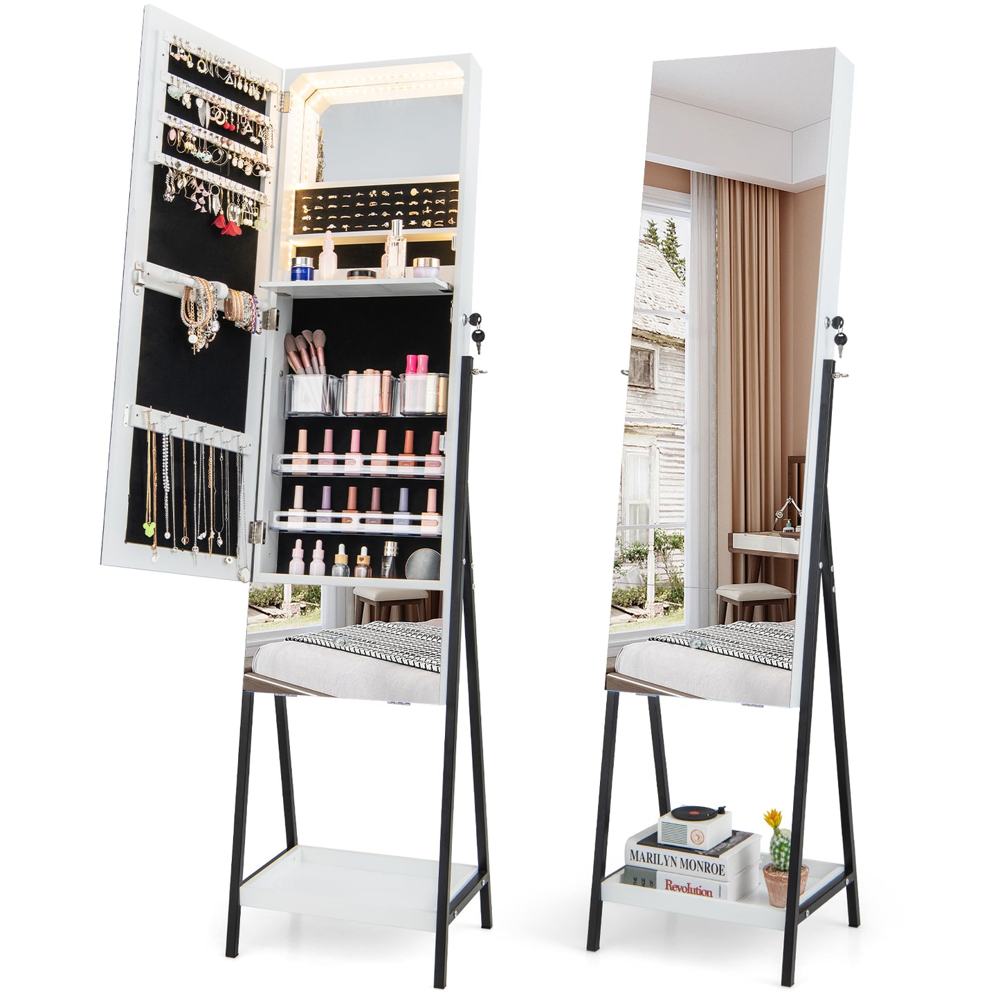 Lockable Freestanding Jewelry Organizer with Full-Length Frameless Mirror-Rustic Brown - White