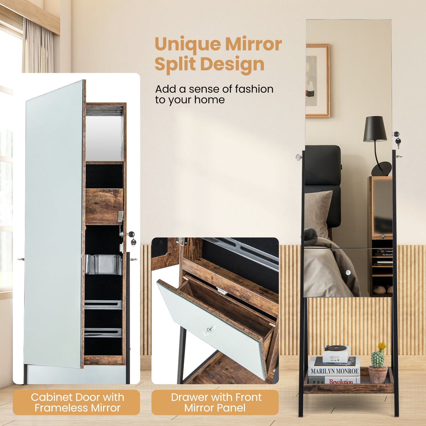 Lockable Freestanding Jewelry Organizer with Full-Length Frameless Mirror