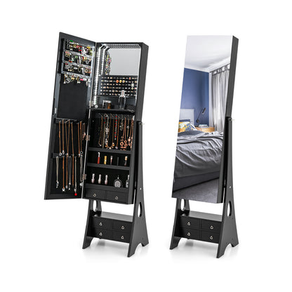 Freestanding Full Length LED Mirrored Jewelry Armoire with 6 Drawers-Rustic Brown - Black