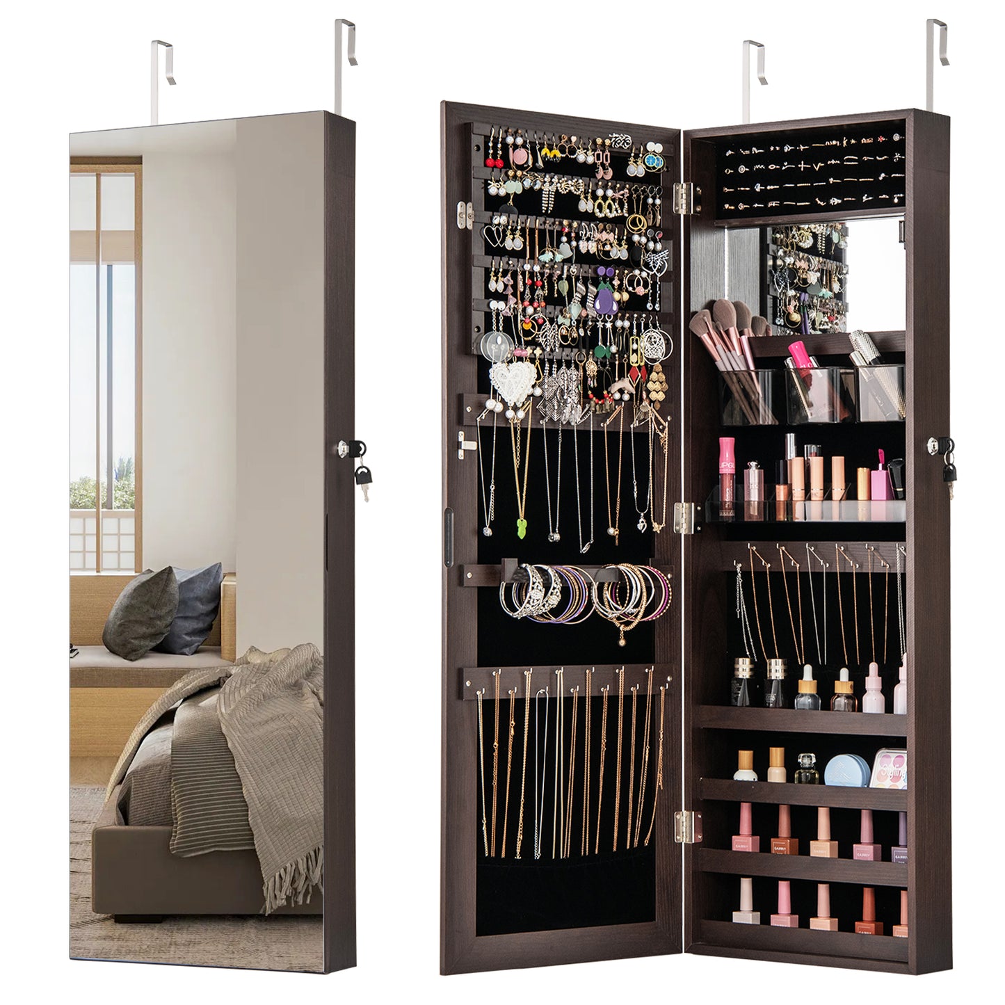 43.5 Inch Jewelry Mirror Cabinet with Full-length Mirror and Adjustable Hangers-Dark Brown