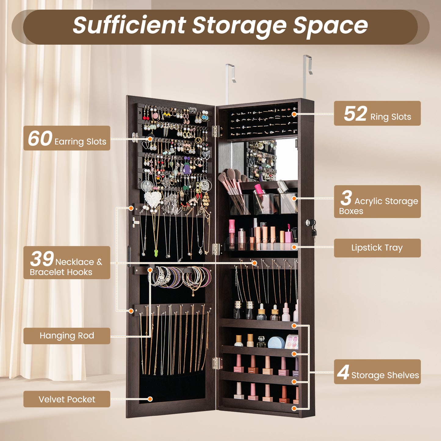 43.5 Inch Jewelry Mirror Cabinet with Full-length Mirror and Adjustable Hangers-Dark Brown