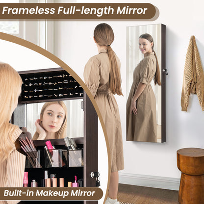 43.5 Inch Jewelry Mirror Cabinet with Full-length Mirror and Adjustable Hangers-Dark Brown