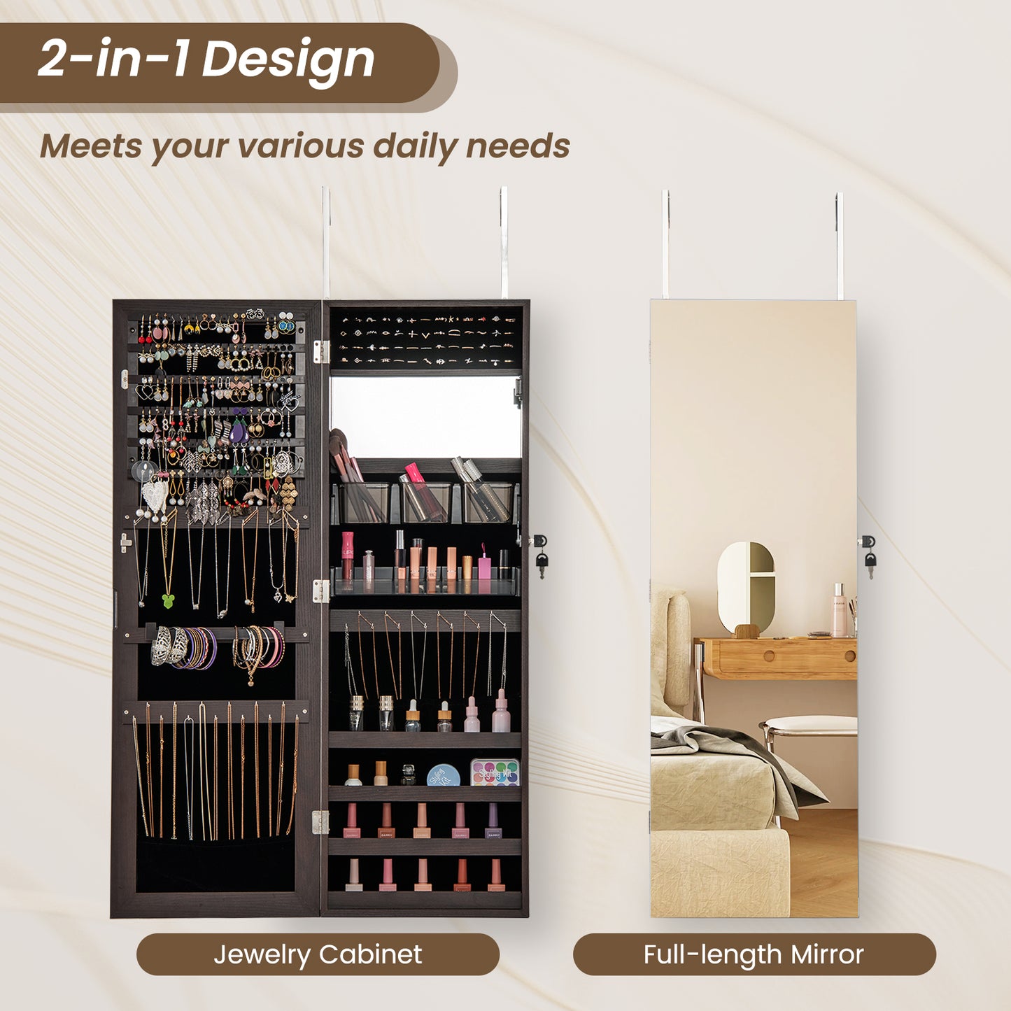 43.5 Inch Jewelry Mirror Cabinet with Full-length Mirror and Adjustable Hangers-Dark Brown