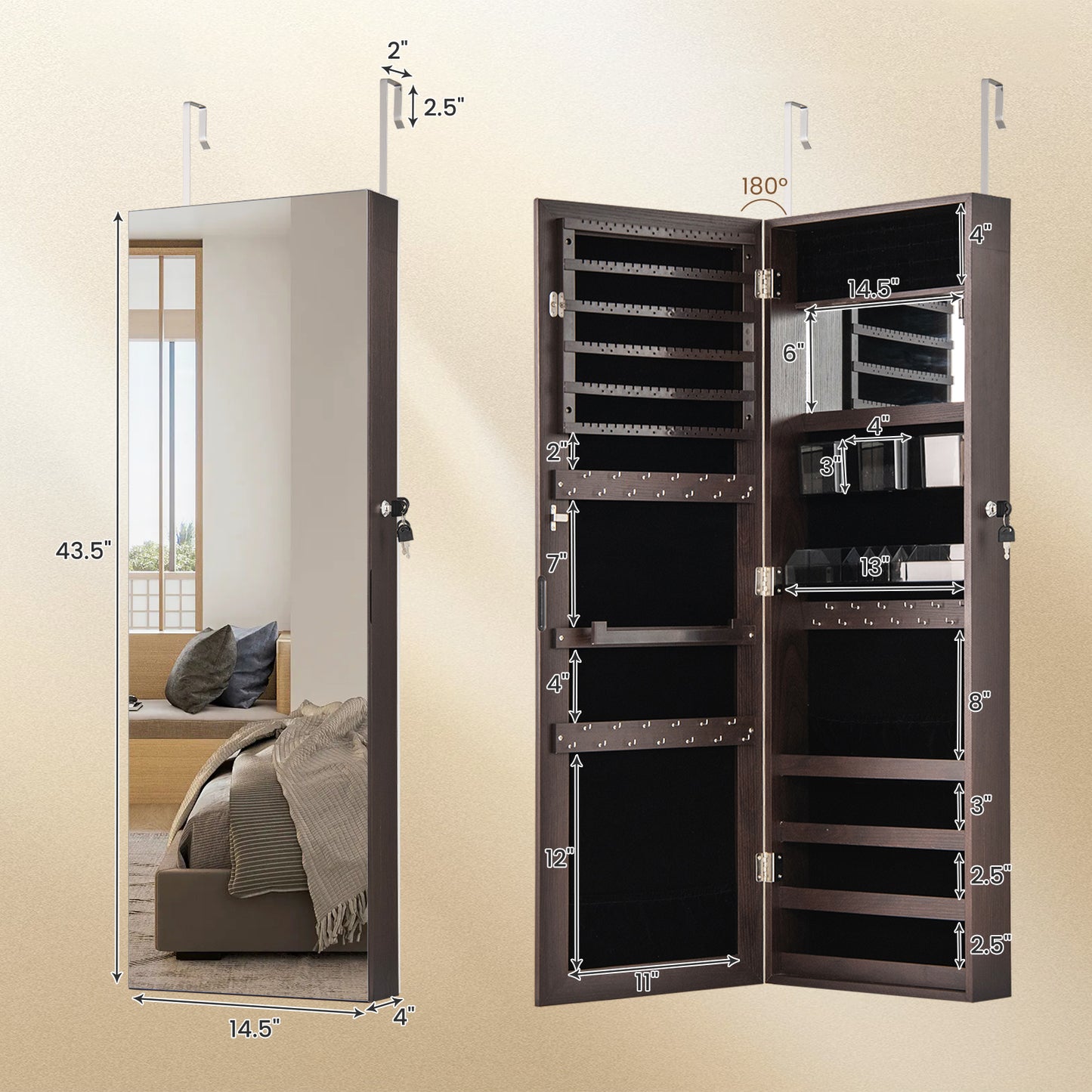 43.5 Inch Jewelry Mirror Cabinet with Full-length Mirror and Adjustable Hangers-Dark Brown