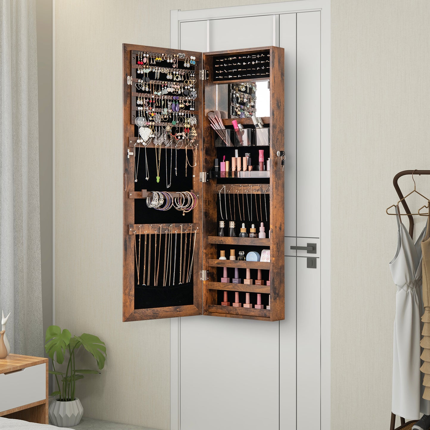 43.5 Inch Jewelry Mirror Cabinet with Full-length Mirror and Adjustable Hangers-Rustic Brown