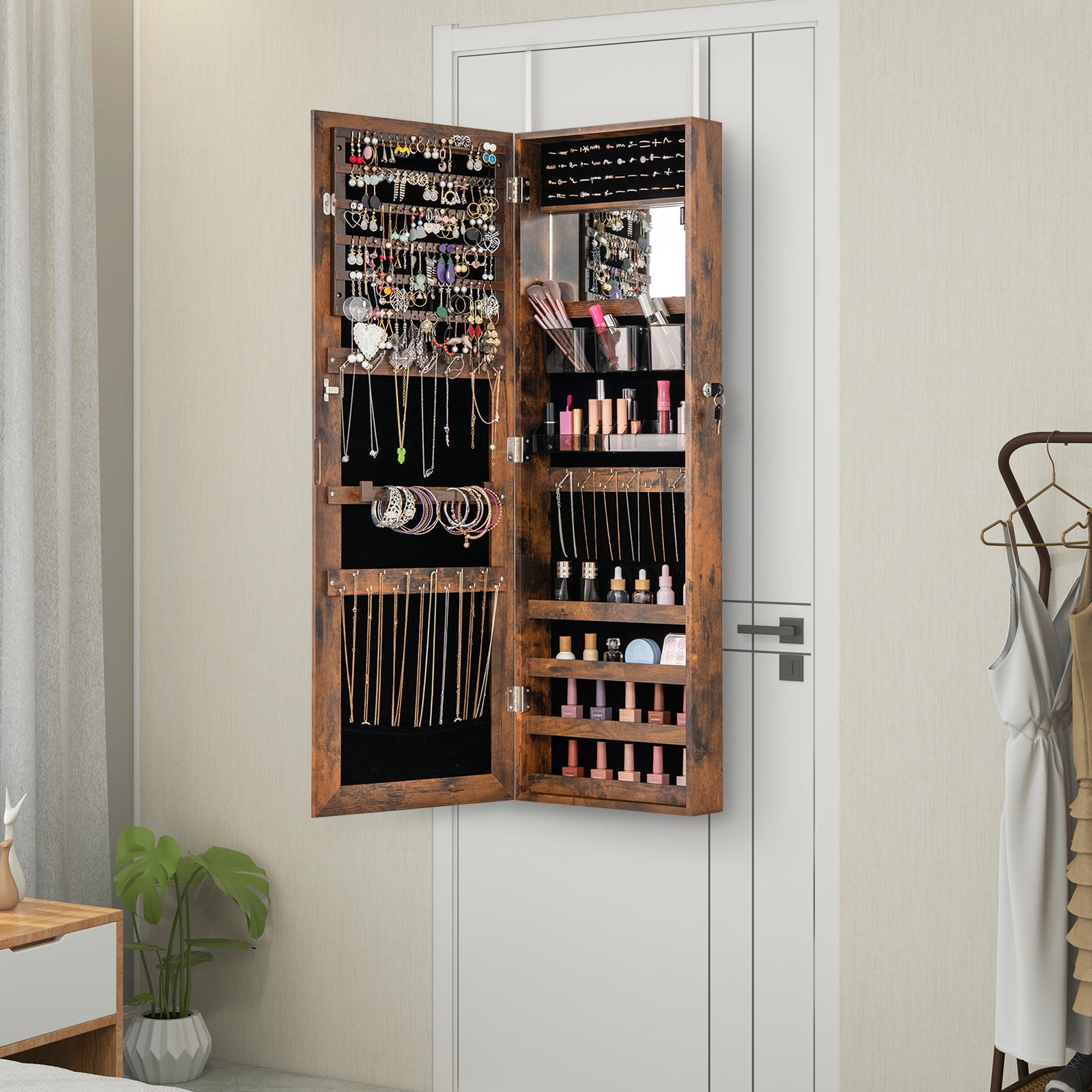 43.5 Inch Jewelry Mirror Cabinet with Full-length Mirror and Adjustable Hangers-Rustic Brown